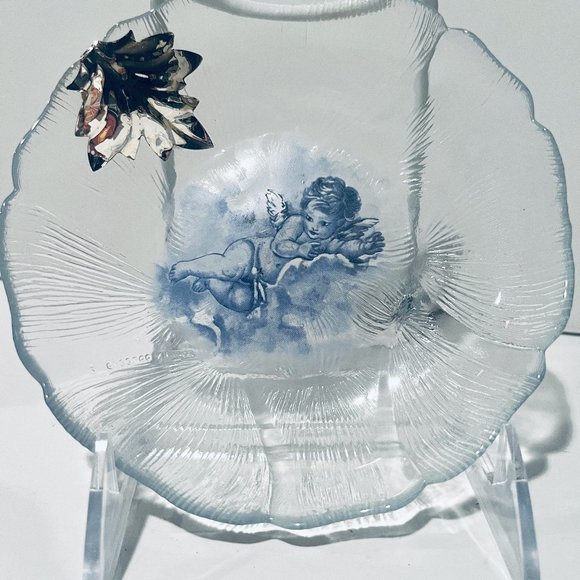 Angel Glass Curved Plate 925 Silver Leaf Hand Painted ARGENTERIA ASTUNI Vintage - Picture 1 of 9